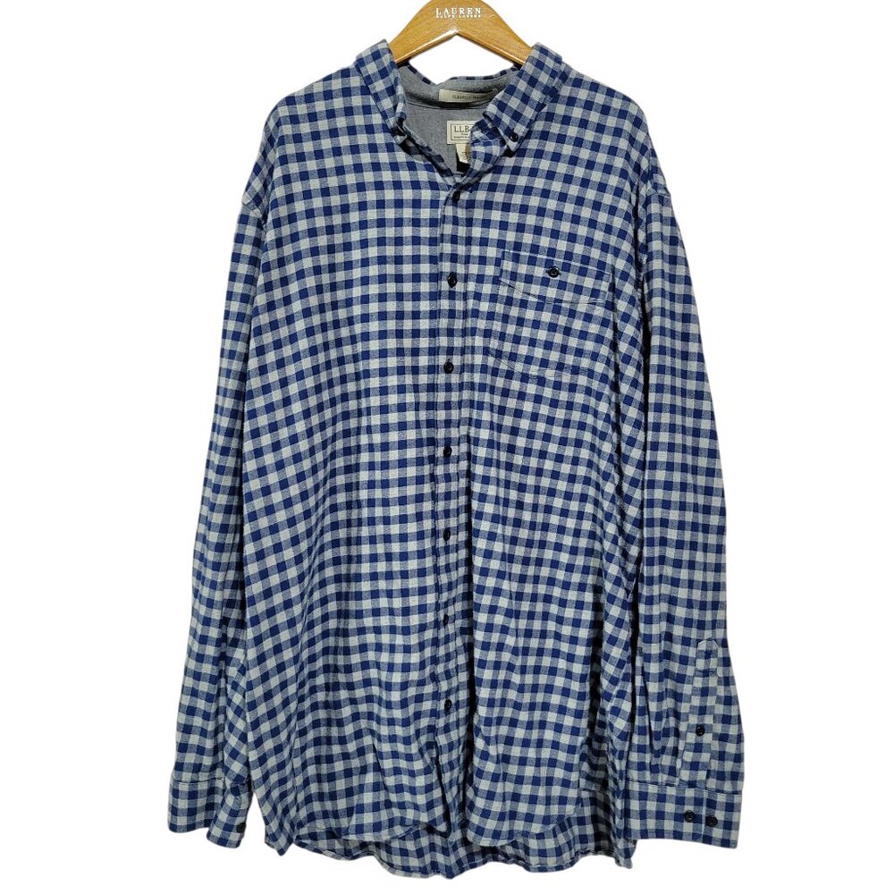 LL Bean Flannel Shirt Mens XXL Blue Gray Plaid Cotton Slightly Fitted Lumberjack